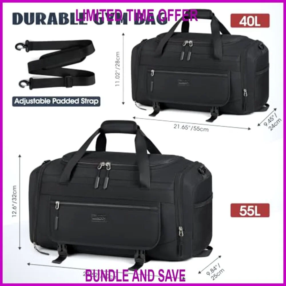 55L Water Resistant Polyester Gym Duffle Bag with Shoe Compartment & Wet Pocket